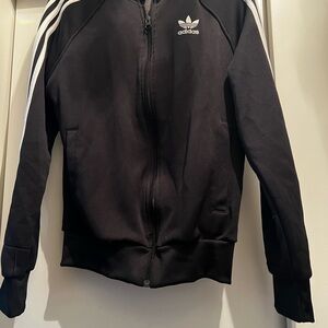 Adidas men’s small Black zippered Jacket with White Stripes track